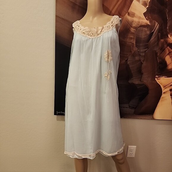 Aristocraft Nightgown Women's L Double Layer Chiffon Blue Nylon Ecru Appliqué - Picture 1 of 9